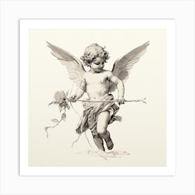 Pencil Drawing of Cherub Cupid with Rose Art Print
