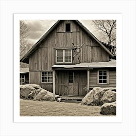 Old Farmhouse Monochrome Cubism Style Art Print