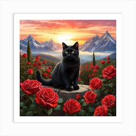 Black Cat With Roses 2 Art Print