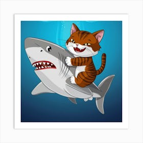 Cat Riding Shark Art Print