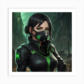 masterpiece, best quality, (Anime:1.4), black-haired girl, green eyes, small respirator mask, toxic environment, black leather outfit, epic portraiture, 2D game art, League of Legends style character 2 Art Print