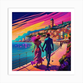 Couple Walking By The Sea Art Print