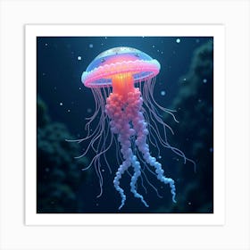 A Surreal Jellyfish With Tendrils Of Cascading, Iridescent Colors Floating In A Cosmic Sea Art Print