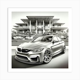 A Pencil Drawing Of A BMW M3 In Front Of A Beautiful Modern Mansion 1 Art Print