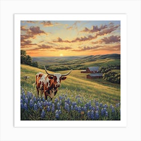 Longhorns At Sunset Art Print