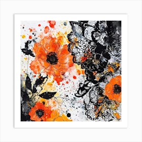 Lace And Flowers, Abstract Floral Painting, Design An Eclectic Collage With Overlapping Layers Of Lace Watercolor Splatters And Black Art Print