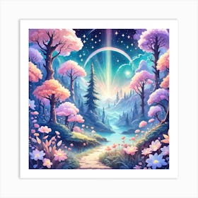 A Fantasy Forest With Twinkling Stars In Pastel Tone Square Composition 295 Art Print