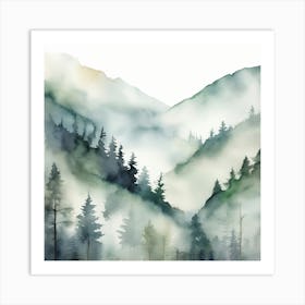 Appalachian Mountains of Misty Pines Watercolor Print of Evergreen Forest..361 Art Print