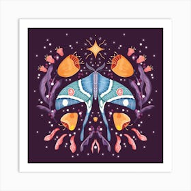 Night Blue Moth On Floral Purple Background And Decoration Square Art Print