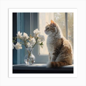 Cat and Flowers Art Print