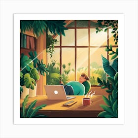 Illustration Of A Man Working At Home Art Print