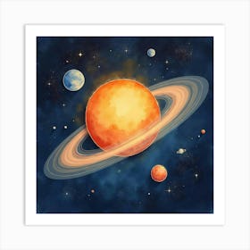 Delicate Watercolor Planets Orbiting Around A Bright Glowing Sun In Deep Space 1 Art Print