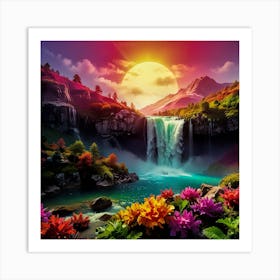 Waterfall And Flowers Art Print