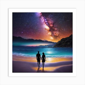 Couple Holding Hands Under The Milky Way Art Print
