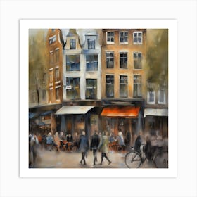 Amsterdam cafes, winter season, winter oil colors, pedestrians in the street, winter clothes, rain falling, Amsterdam print, Netherlands print, travel gift, Netherlands poster.8 8 Art Print