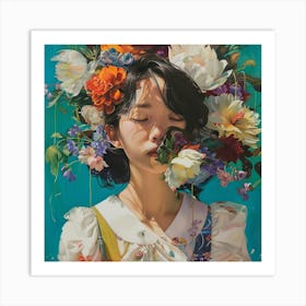 Japanese Girl With Flowers On Her Head Art Print