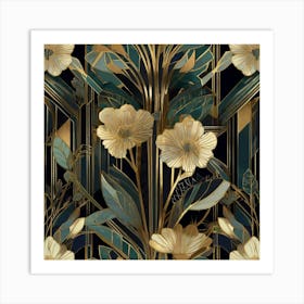 Gold And Black Floral Wallpaper Art Print