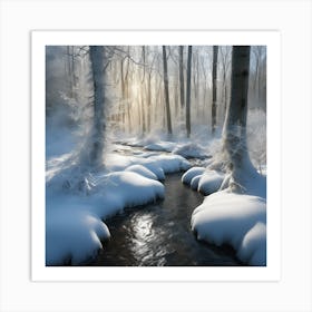 Snow Covered Banks of the Woodland Stream in Winter 1 Art Print