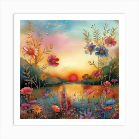 Sunset With Flowers 2 Art Print