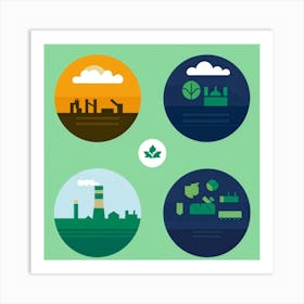 Icons Signifying Pollution A Smokestack With Billowing Dark Clouds Against A Clear Blue Background Art Print