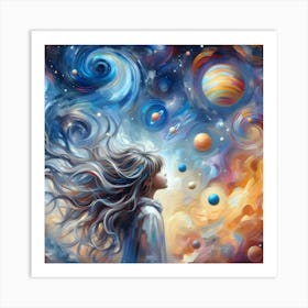 Starry Night Dreamer Celestial Girl in Space Oil Painting Art Print