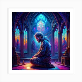 Man Kneeling In A Mosque With Stained Glass Windows 1 Art Print