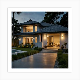 Modern House At Night Art Print