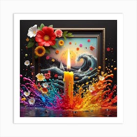 A lit candle inside a picture frame surrounded by flowers 10 Art Print