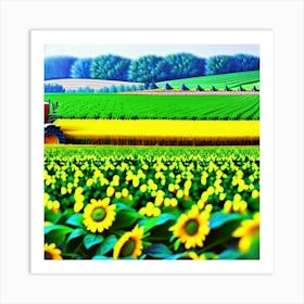 Field of sunflowers and blue trees Art Print