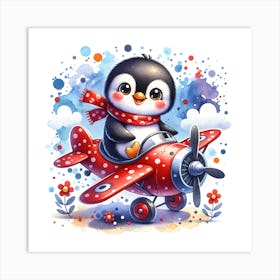 Cheerful penguin with a red scarf is flying a red biplane Art Print