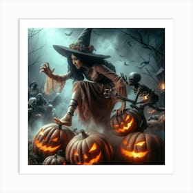 Halloween Scene (Witch With Pumpkins) Art Print