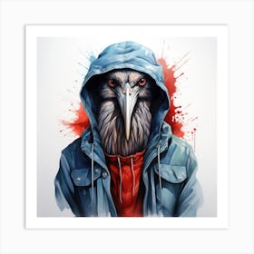 Watercolour Cartoon Heron In A Hoodie 1 Art Print