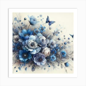 Blue Flowers With Butterflies Art Print