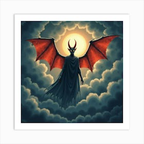 Demon Amidst Watercolor Dark, Stormy Clouds 1 Art Print