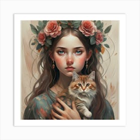 Women And Cat Photo Painting Poster Typograp(1) Art Print