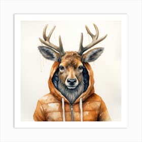 Watercolour Cartoon Elk In A Hoodie Art Print