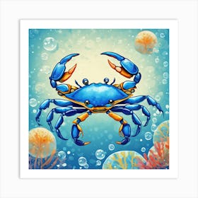 Happy Blue Crab Square Bathroom Animal Art Print Art Print