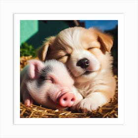 Cute Puppy And Pig Art Print