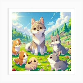 Cute Animals In A Field Art Print