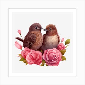 Birds On Roses 5 Art Print