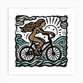 A Glittering Mermaid Riding A Polka Dotted Bicycle, Inspired By The Bold And Graphic Designs Of Keith Haring, With A Black And Gold Palette, Where The Mermaid Is In Focus And The Surrounding Sea And Sky Are Blurred Into Abstract Shapes 2 Art Print