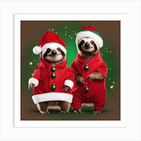 2 cute sloths in a Christmas costume Art Print
