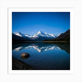 Starry Sky Mirrored In Tranquil Lake Waters Foreground Features Serene Water Body Background Domin Art Print