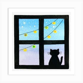 Watercolor Painting Of A Cat By The Window Art Print