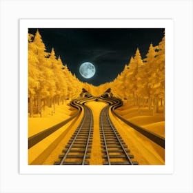 Golden Woods Tranquil Train Tracks Beneath A Full Moon Sky (2) Art Print