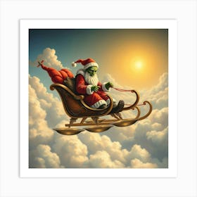 Green Santa Claus Fly In Futuristic Sleigh Art Print