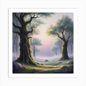 A Misty, Dawn Lit High Fantasy Forest, Digitally Painted In Vibrant, Ethereal Hues, With Soft, Feathery Brushstrokes And Delicate Textures, Evoking An Atmosphere Of Peaceful Tranquility, Art Print