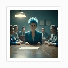 A Confident Young Woman With Blue Spiky Hair Sits At The Head Of A Conference Table, Looking Directly At The Camera Art Print