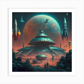 A Retro Sci Fi Space Station With Rockets And Aliens Art Print