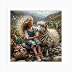 Girl With A Sheep Art Print